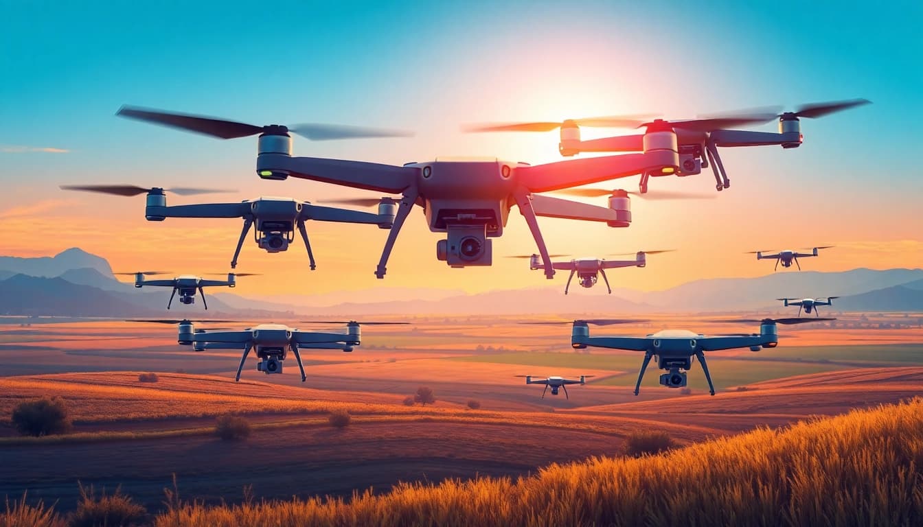 Osserva i droni prezzo volare sopra un paesaggio sereno, esprimendo innovazione e avventura.