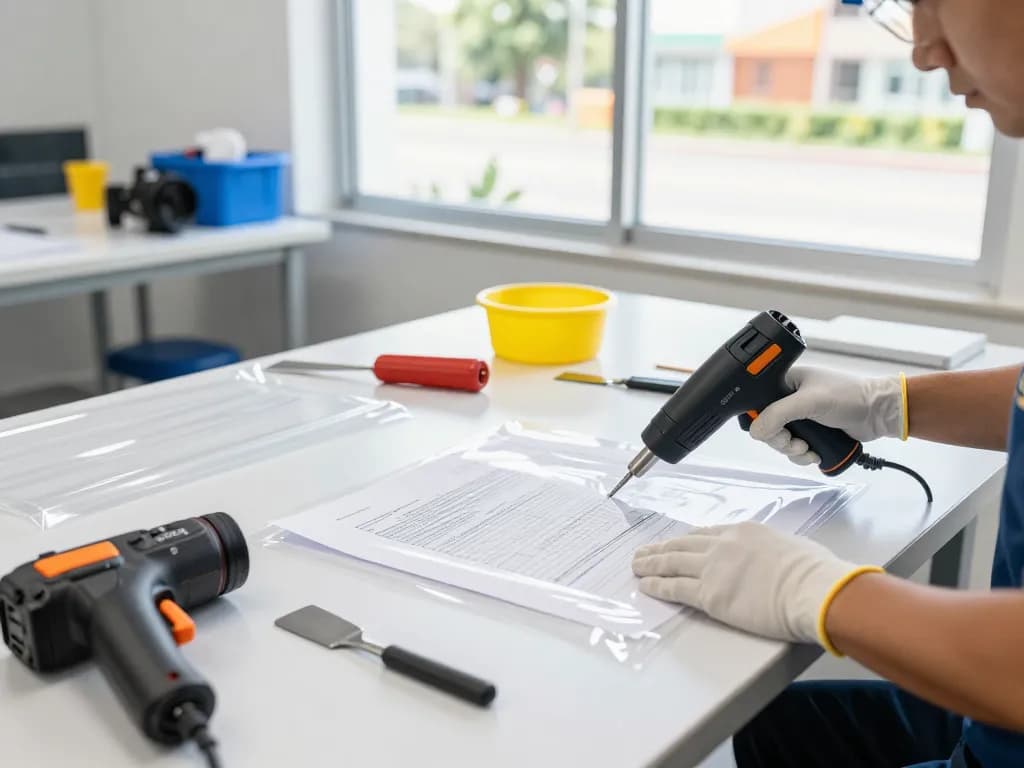 Bóc ép plastic thái bình being performed by a technician using professional tools in a bright workshop.