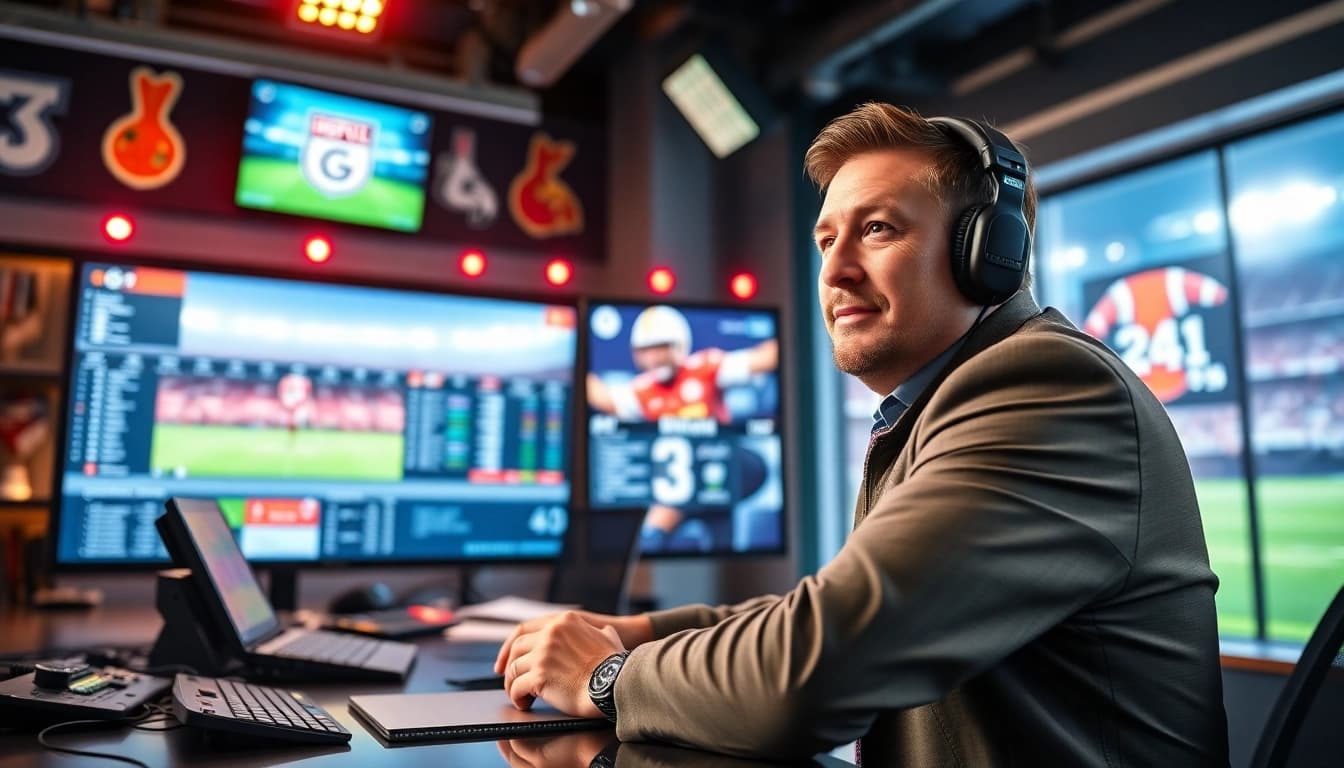 Engaging setup of sports broadcasting with a commentator in a vibrant studio environment.