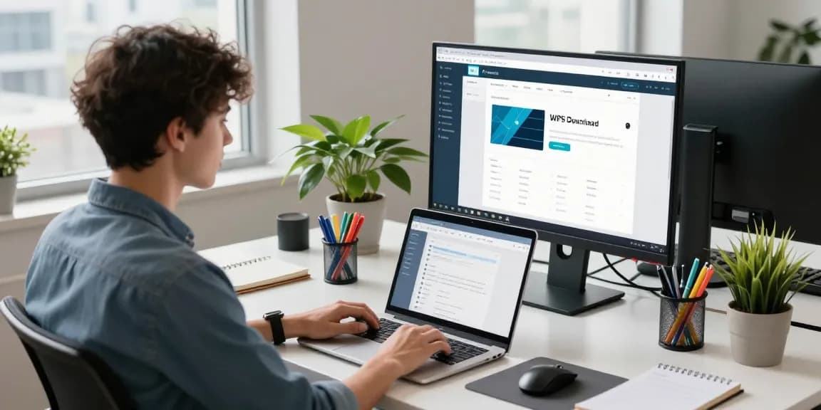 WPS Download displayed on a modern laptop in a bright office workspace, showcasing productivity tools and a tech-savvy atmosphere.