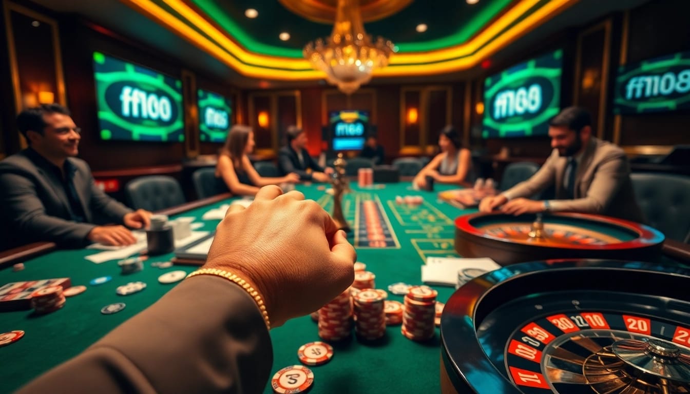 F168 gamblers placing bets at an upscale casino table filled with poker chips and roulette wheels.