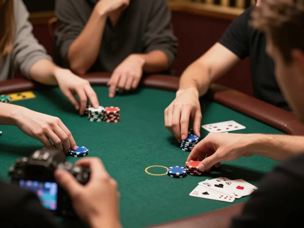Players at a poker game pushing chips forward, showcasing excitement at https://net88.wtf/ during a thrilling home game night.