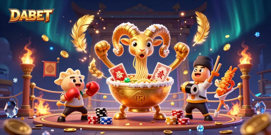 DABET offers an energetic online gaming experience with a giant ramen bowl dealer and thematic elements.