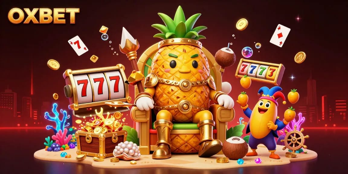 Experience thrilling moments with OXBET's vibrant casino scene featuring a pineapple king, luck charms, and gold treasures.