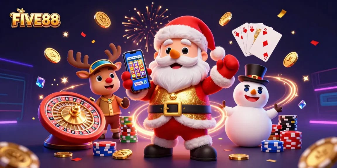 Join the fun at FIVE88 with Santa, his reindeer, and a snowman celebrating wins in a dynamic casino scene.