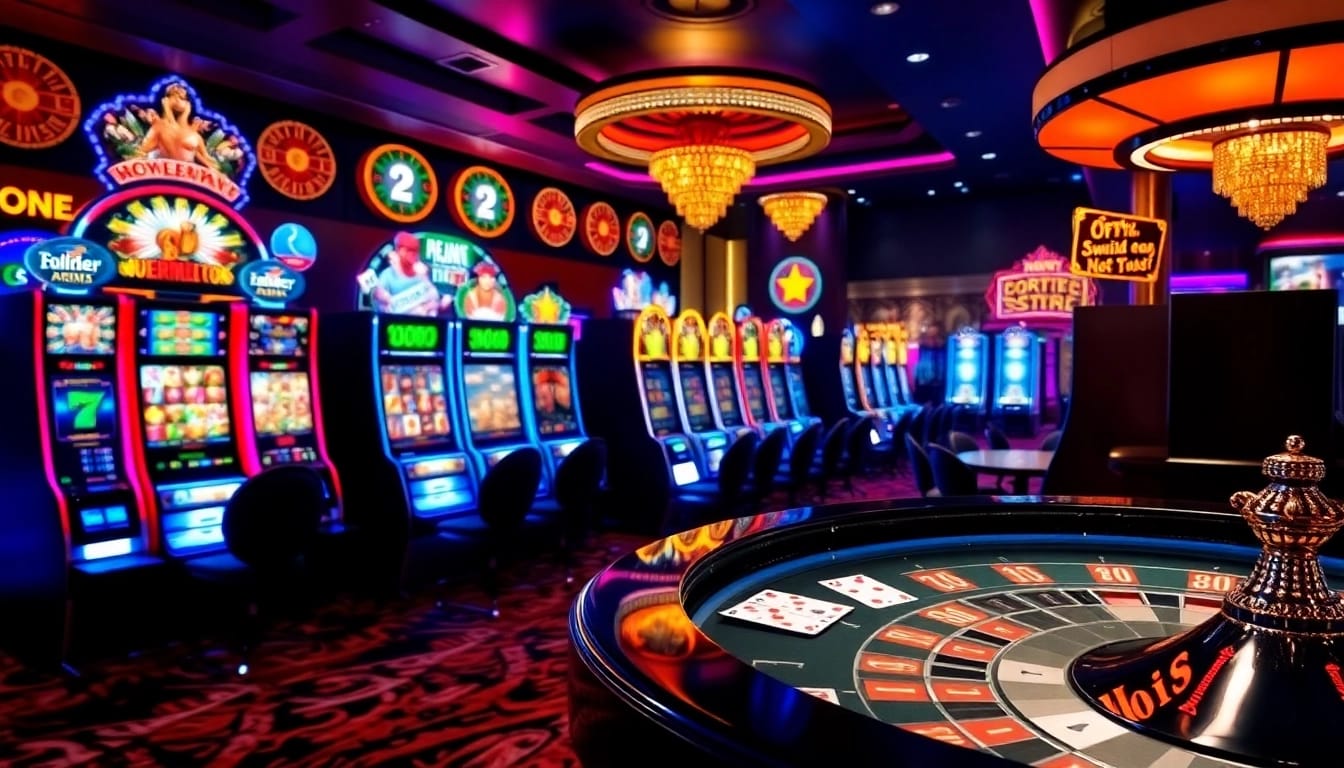 Xoso66 players enjoying vibrant slot machines and engaging at a poker table in a luxurious casino atmosphere.