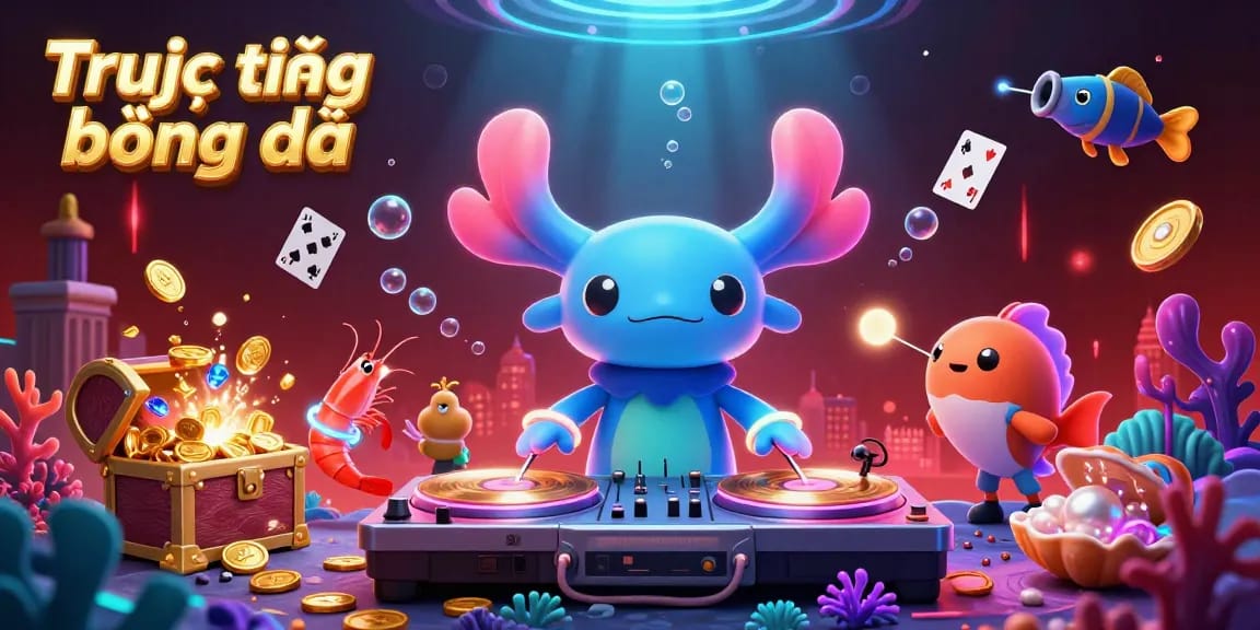 Experience Trực tiếp bóng đá live streaming with a vibrant underwater DJ scene filled with dynamic game elements.
