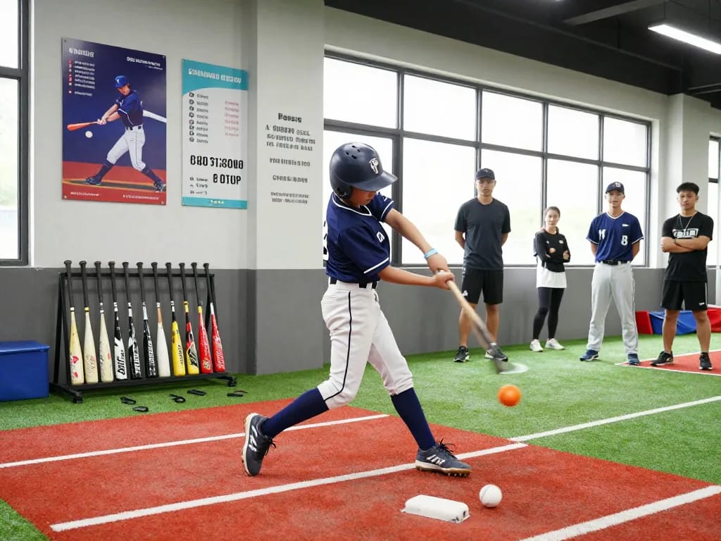 Young athlete at hitclub training facility demonstrating a perfect swing.