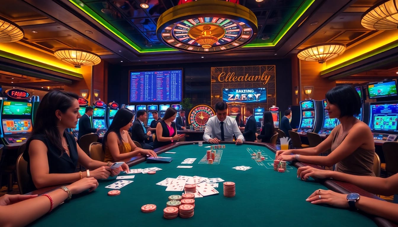 Exciting casino experience at C168 with vibrant gaming tables and slot machines.