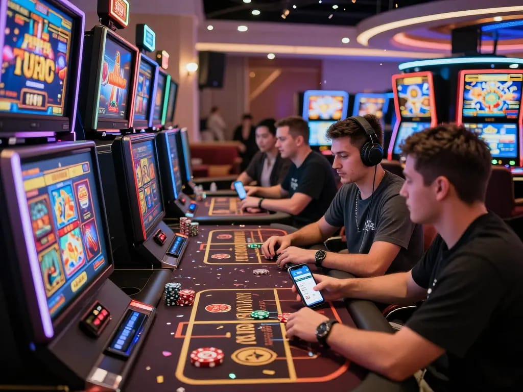 Players engaging with 789 P online casino games in a lively virtual environment with modern design.