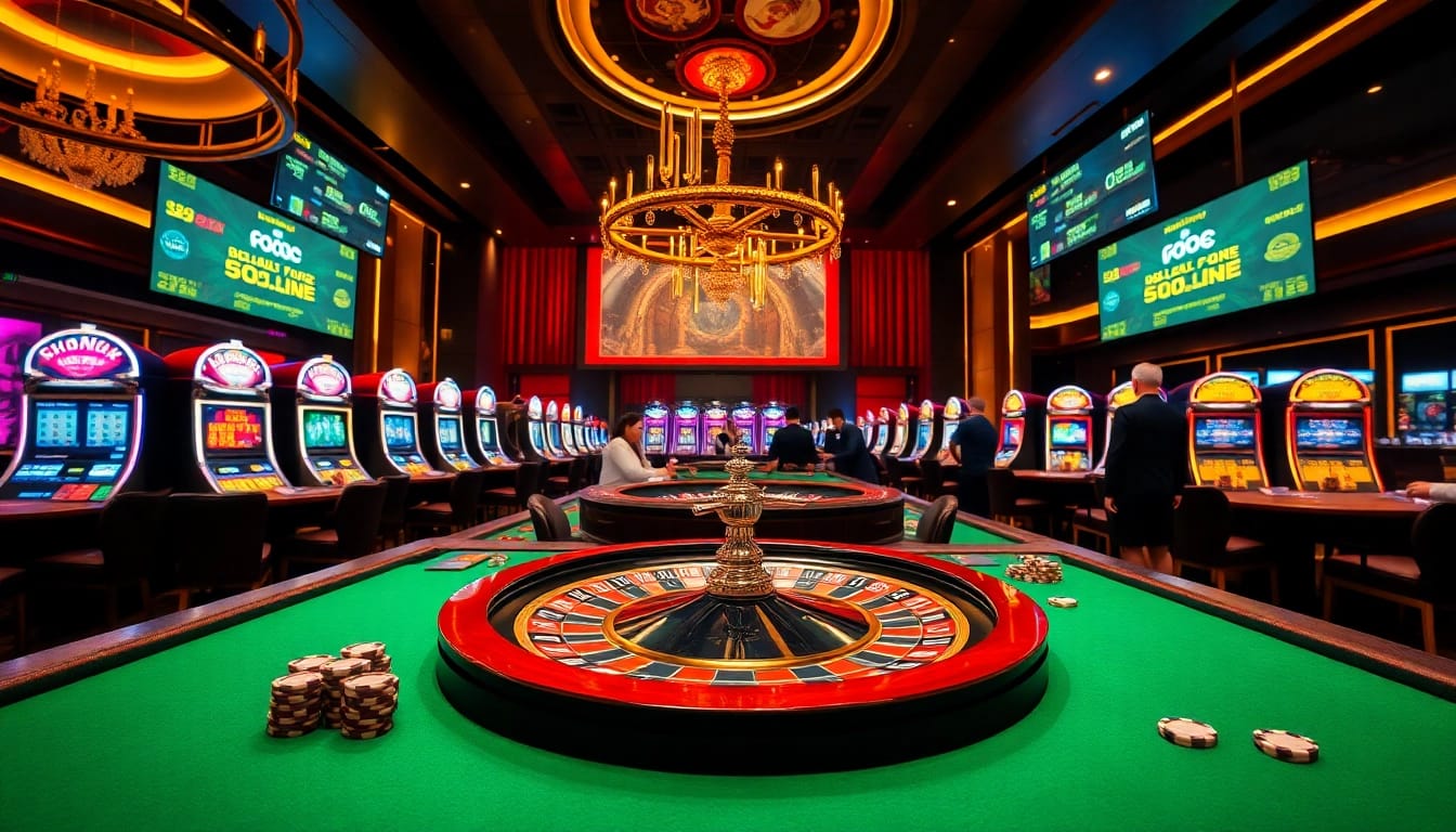 Experience the thrill at https://8kbet3.com/ with players engaging at dynamic casino tables featuring roulette and vibrant slots.