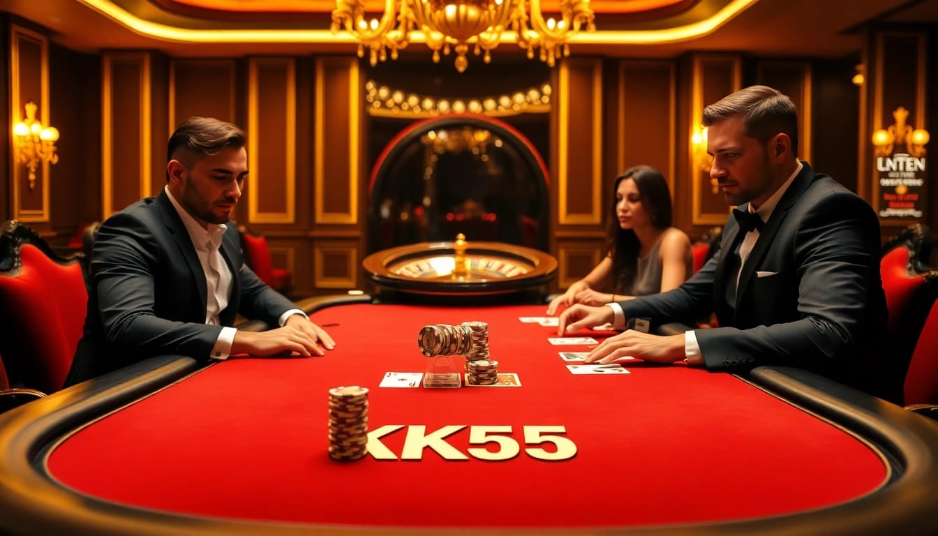 Experience thrilling poker action at KK55 casino with high-quality chips and cards.