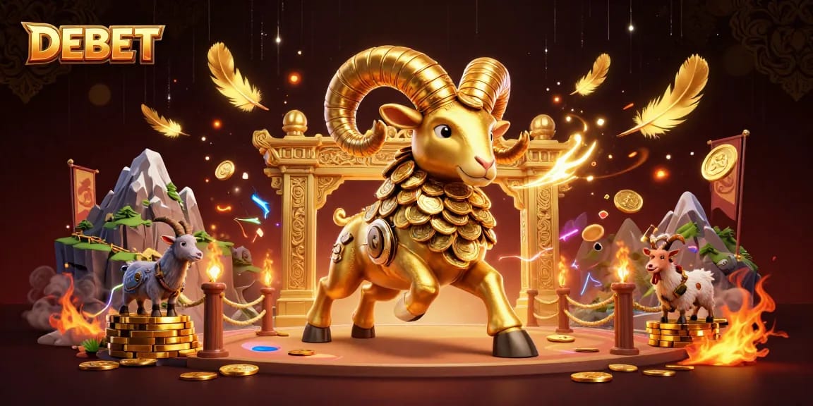 DEBET showcases thrilling gaming action with a vibrant 3D illustration of casino elements.