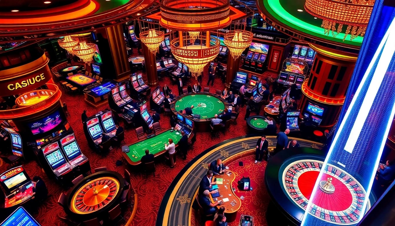 Players enjoying immersive games at https://kjc.pro/ casino, featuring vibrant slot machines and table games.