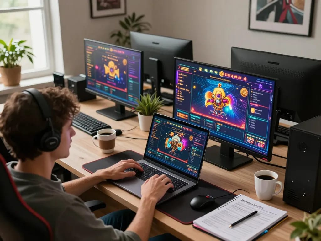 Engaging online gaming session depicting trang chủ bl555 with a player navigating casino games on a laptop at home