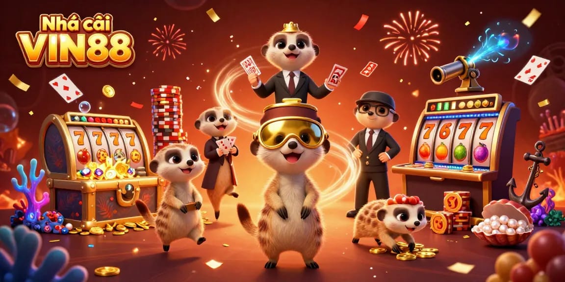 Join the fun at Nhà cái VIN88 with animated meerkats operating a vibrant casino scene filled with adventures.