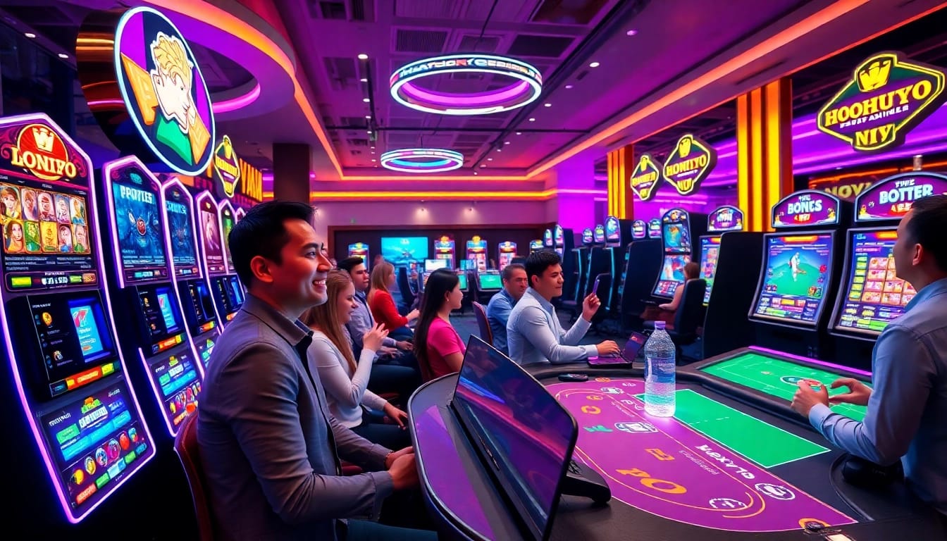 NOHU90 online gaming environment with vibrant slot machines and excited players.