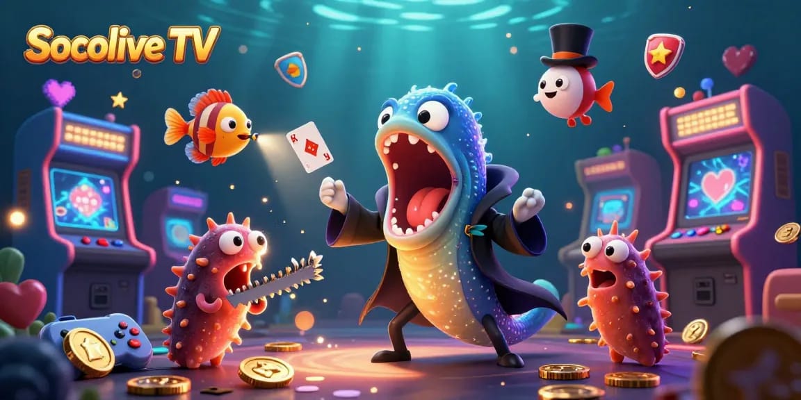 Socolive TV showcases a vibrant gambling-themed scene with animated characters performing tricks and games.