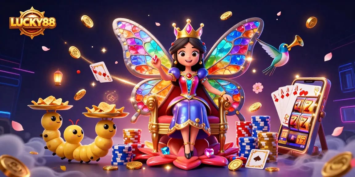 Experience LUCKY88 in a vibrant 3D casino illustration with spinning slot reels and rich game elements.