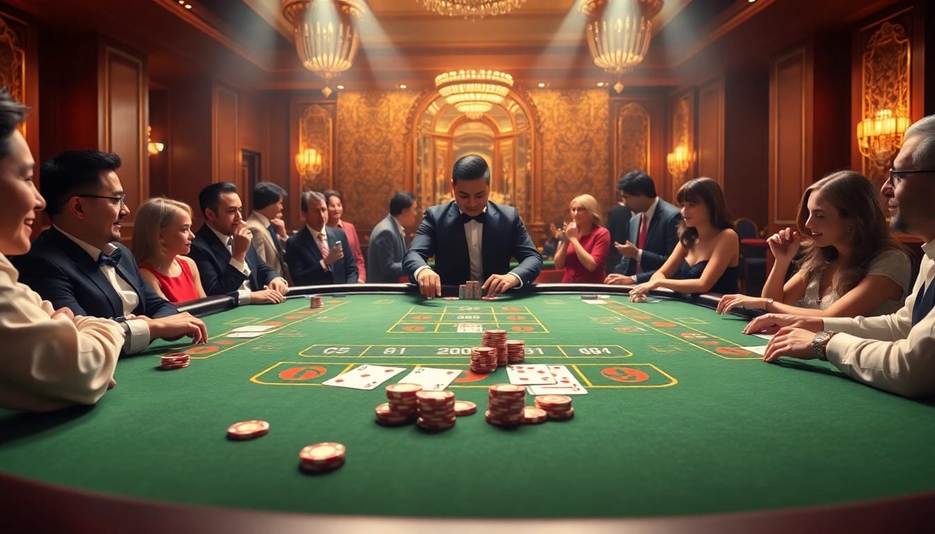 Exciting scene of players engaging with free credit baccarat at a luxurious casino table.