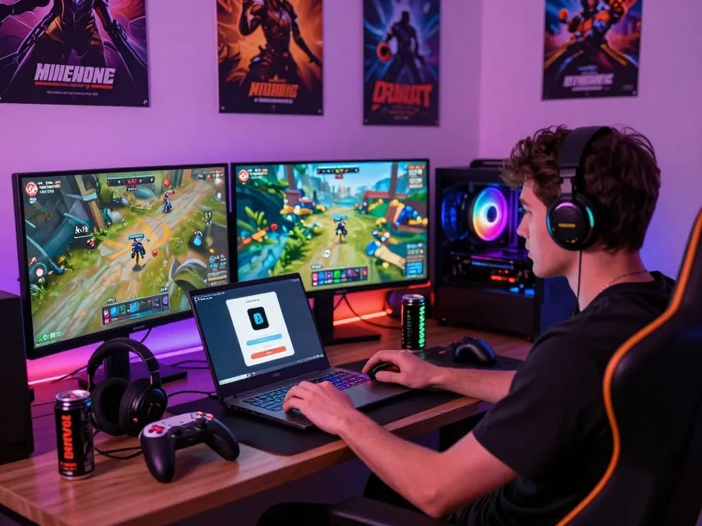 Engaged gamer downloading tải sun win app on a high-performance laptop in vibrant gaming setup.