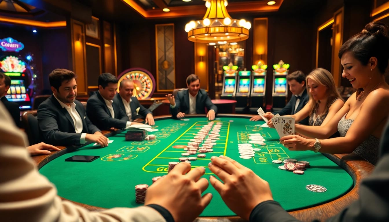 Players enjoying an exciting game at the GOOD88 casino table with vibrant chips and cards.