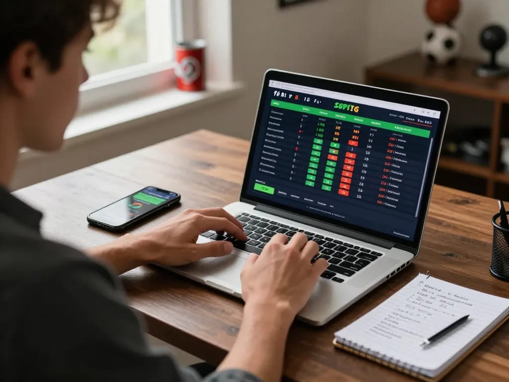VSBET user analyzing sports betting strategies on a laptop, showcasing a strategic gameplay environment.