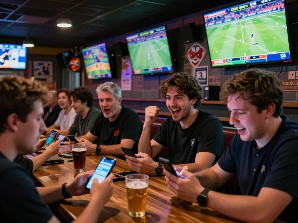 Exciting sports betting atmosphere at trang chủ tg88, patrons actively engaging with betting apps on smartphones.