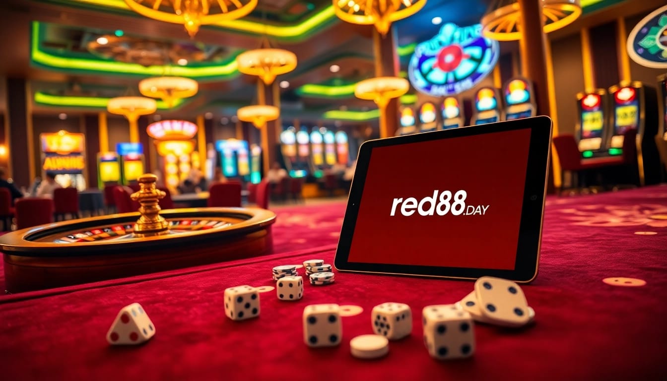 The energetic casino scene at https://red88.day/ with a roulette wheel, poker tables, and a tablet interface.