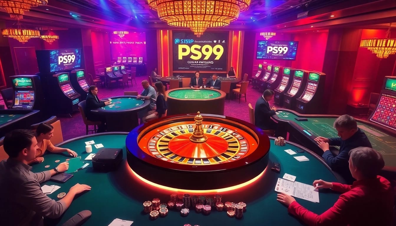 Gamblers enjoying an exciting casino experience with PS99 poker chips and roulette wheel.