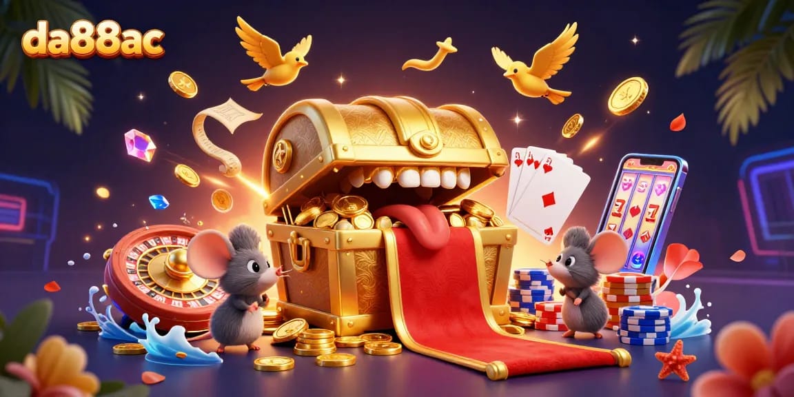Engage with da88ac's thrilling treasures in a vibrant 3D casino world showcasing dazzling reels and golden rewards.