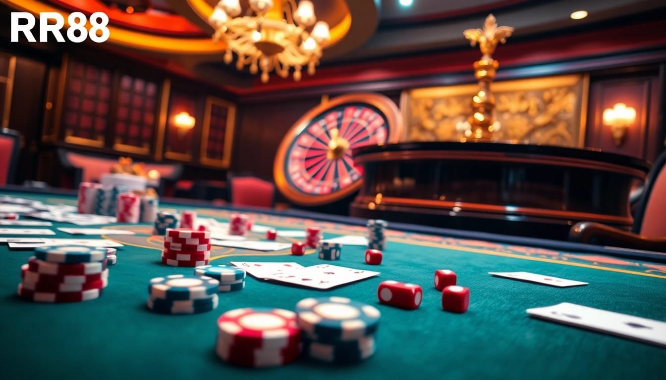 RR88 casino scene featuring vibrant poker chips and exciting roulette wheels.