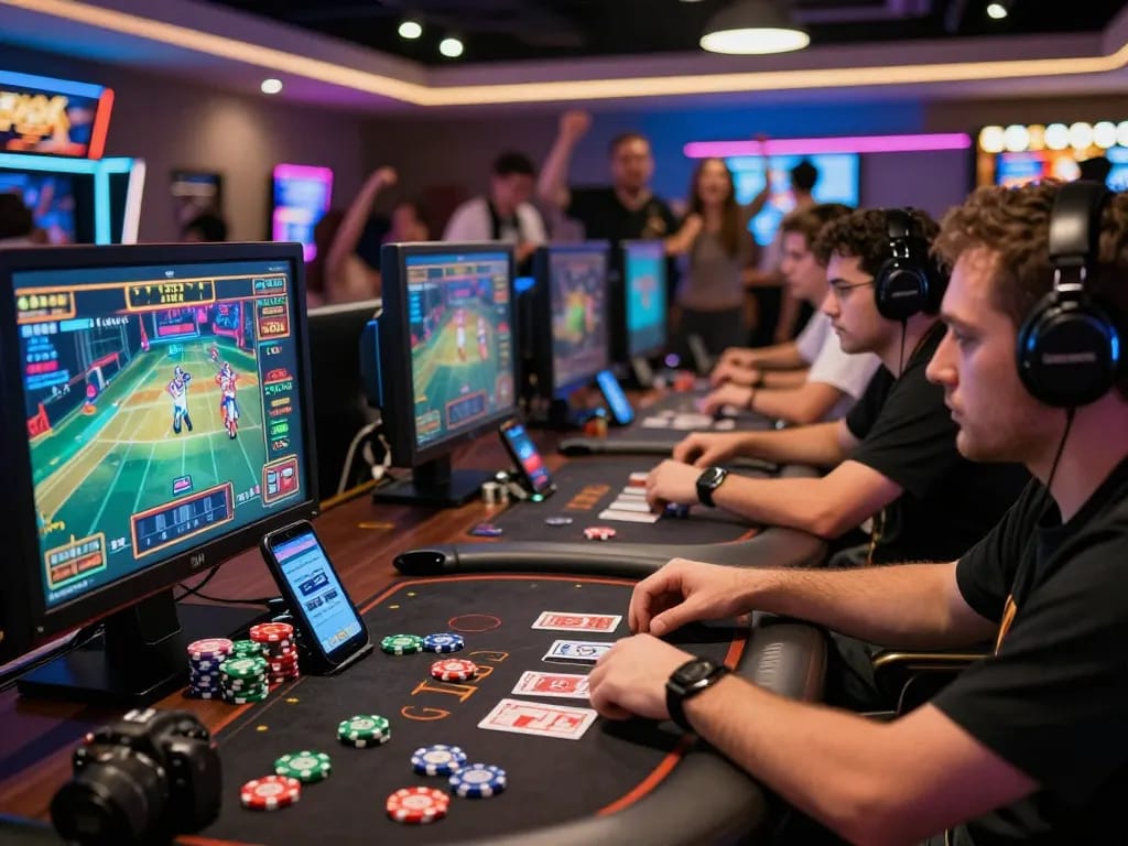 Players excitedly tải sun win in a vibrant gaming lounge, showcasing an engaging online betting atmosphere.