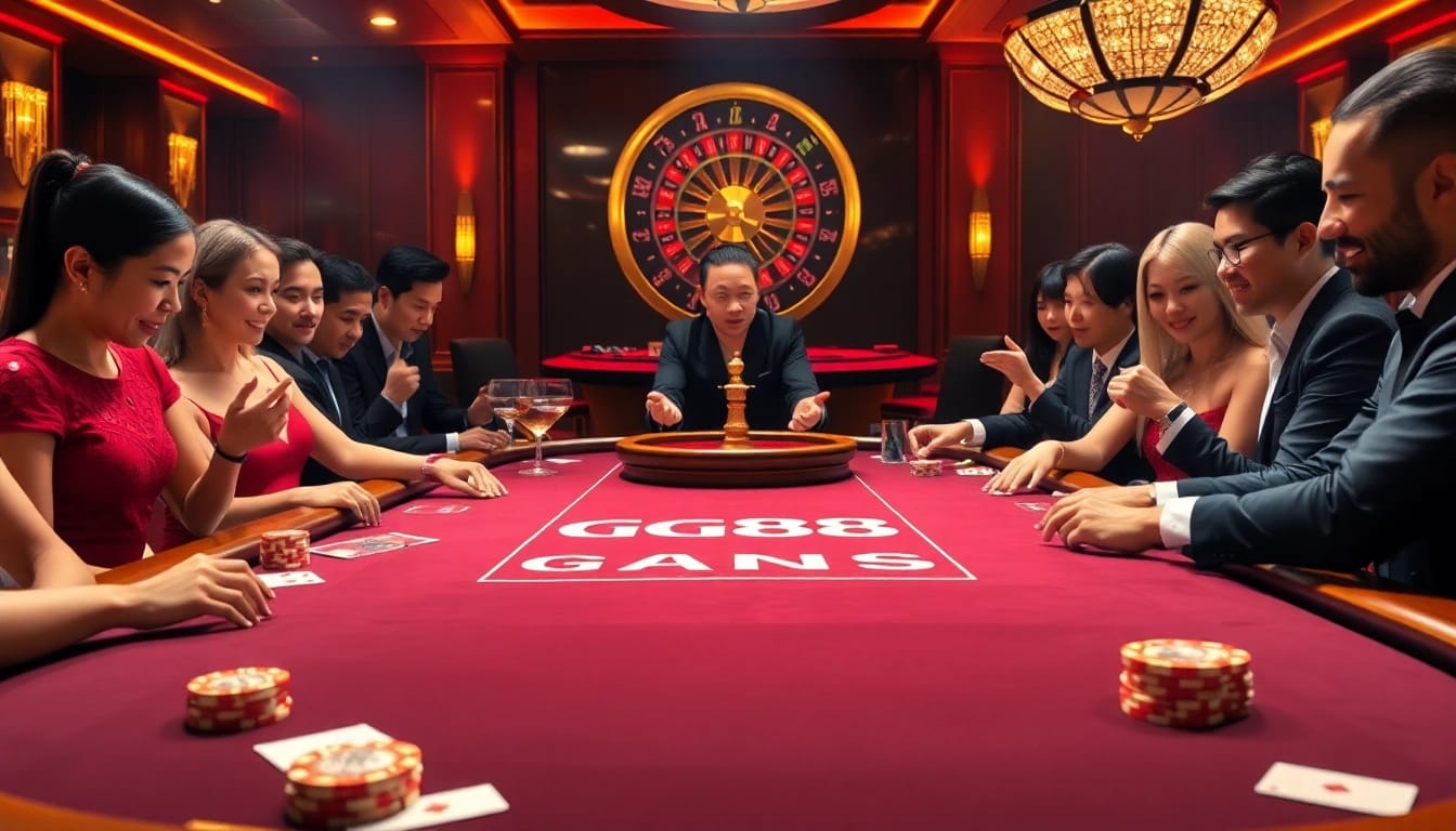 Players engaging at the GG88 poker table in an upscale casino scene, highlighting excitement and elegance.