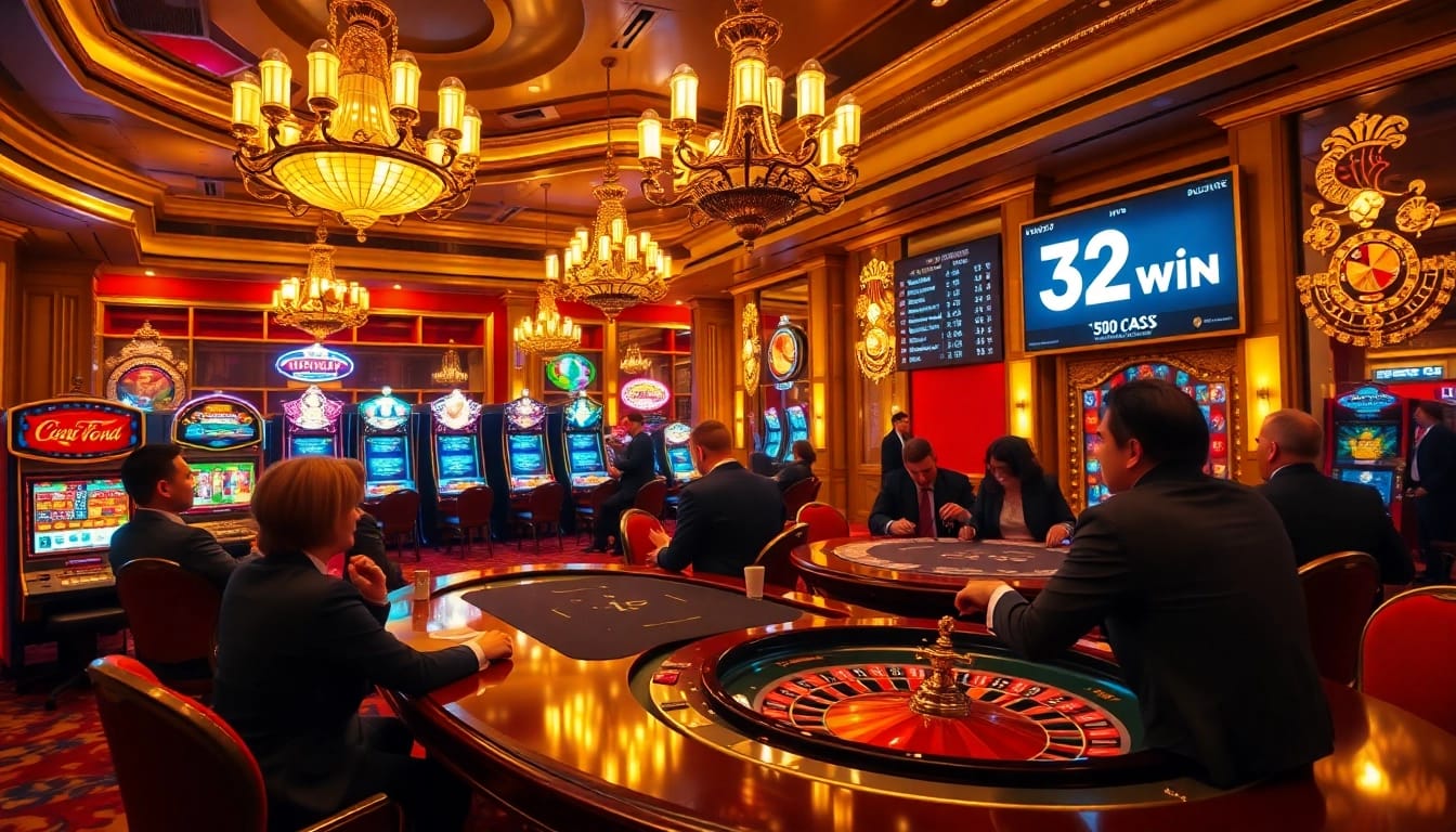 Experience the excitement of 32win with players at a luxurious casino gaming table.