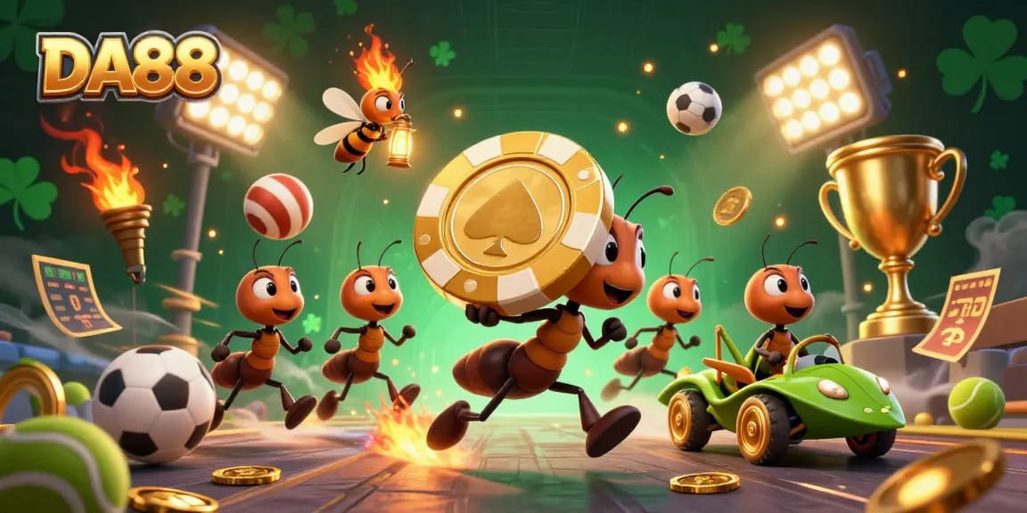 Experience the excitement of DA88 with a thrilling heist featuring ants carrying a giant poker chip amidst dynamic sports elements.