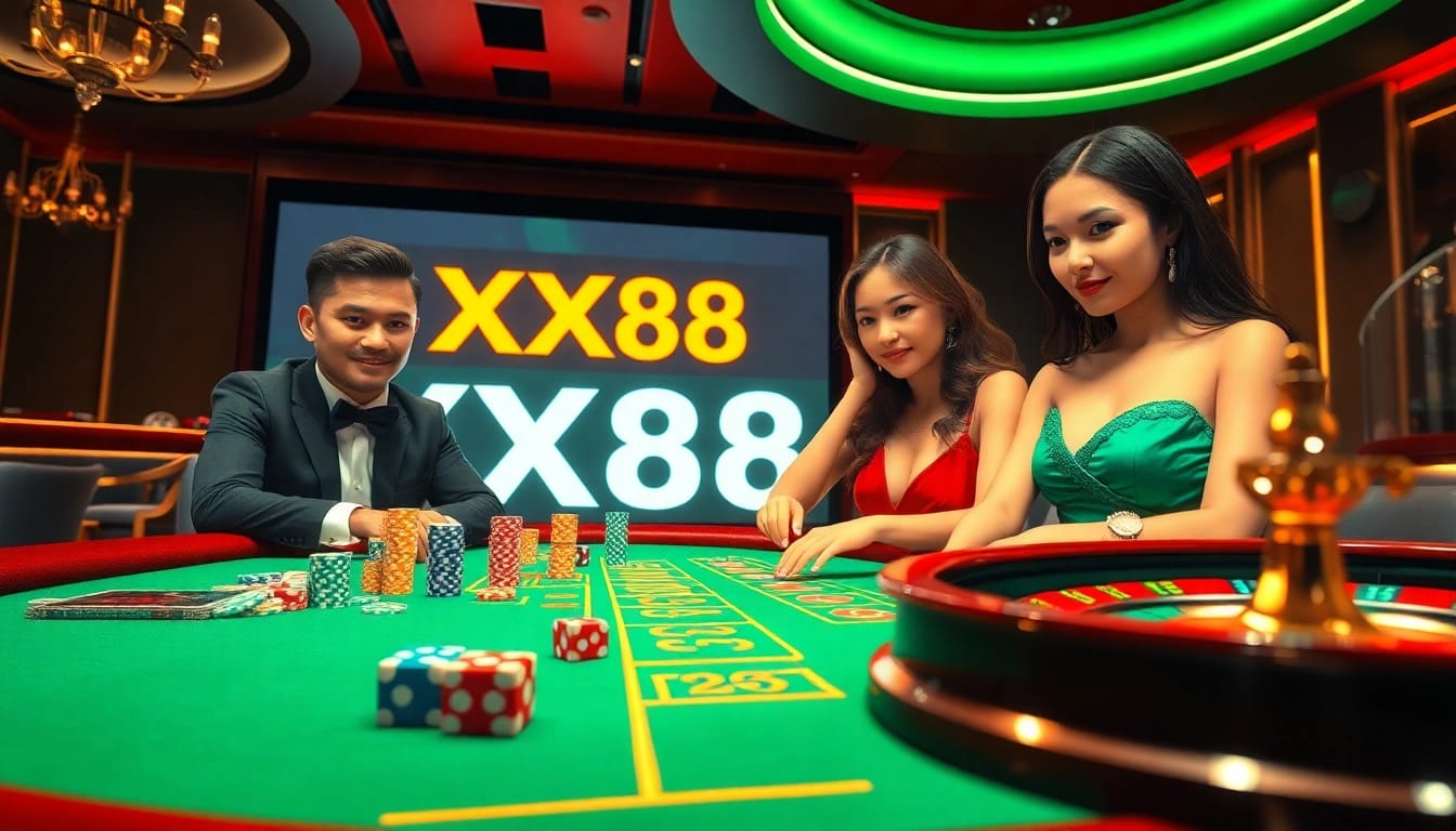 Join the excitement at XX88 baccarat table with vibrant chips and immersive atmosphere.