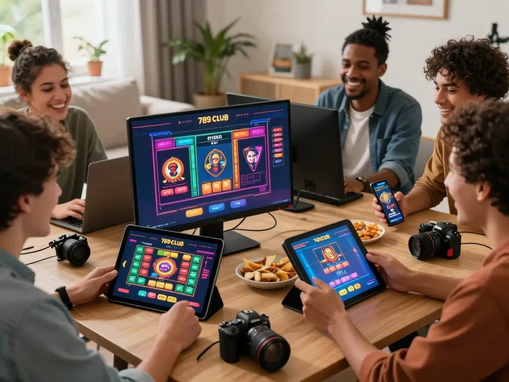 Friends enjoying online gaming with the 789 Club on multiple devices in a cozy living room.