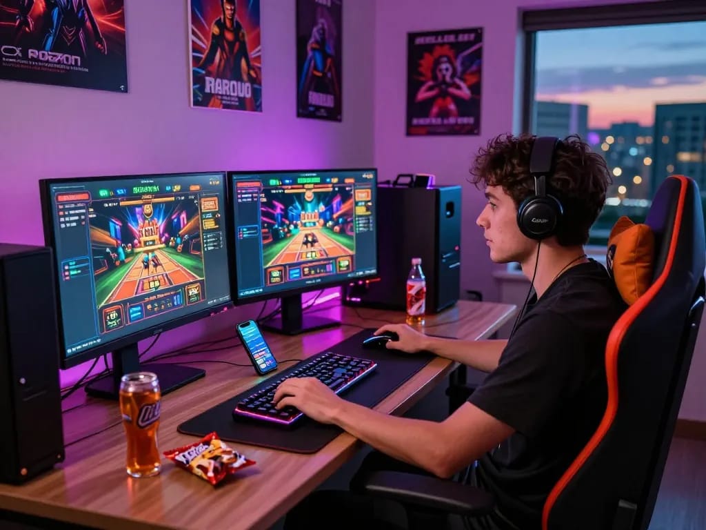 Engaged player at a gaming desk immersed in a thrilling session on https://bomwin.jp.net/ with vibrant LED lighting and gaming setup.