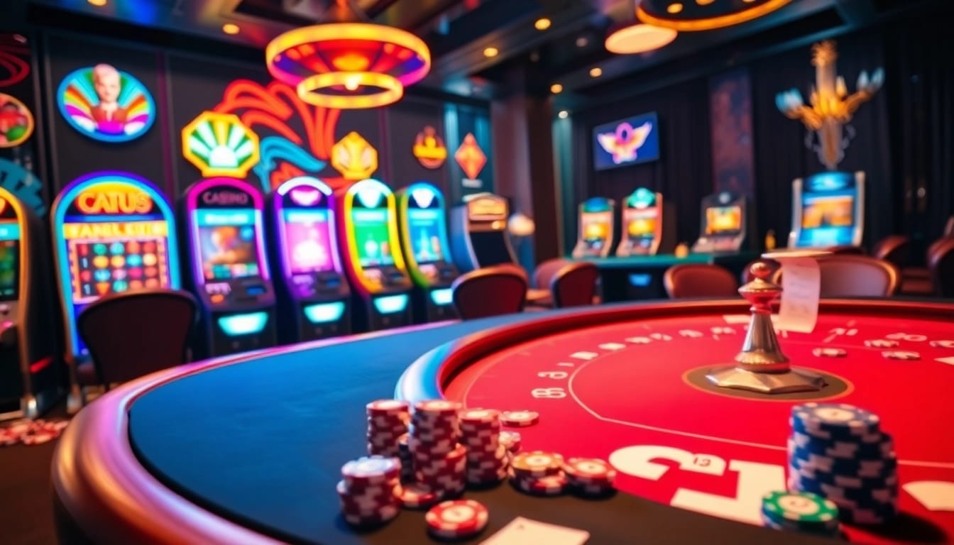 The exciting casino atmosphere at https://thabet.cx/ showcases a luxurious roulette wheel and poker table.