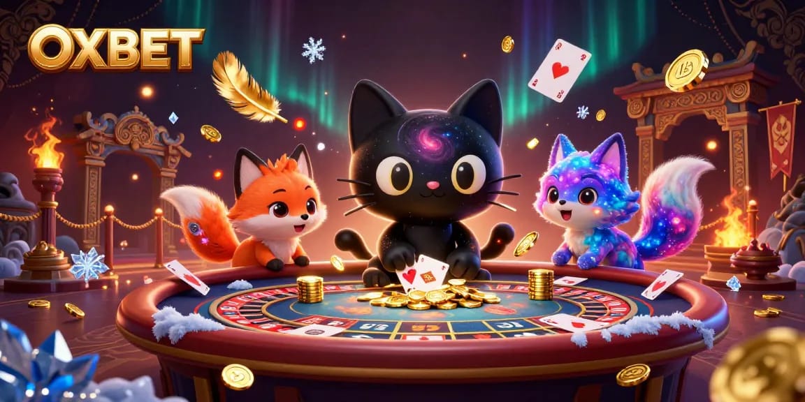 Experience thrilling OXBET gaming with a cosmic casino illustration of cats and foxes.