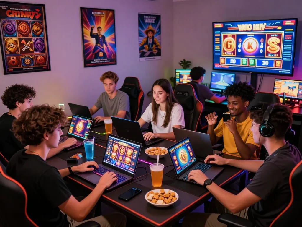 Group of friends experiencing the excitement of No Hu online slots gaming session with engaging atmosphere and vibrant visuals.