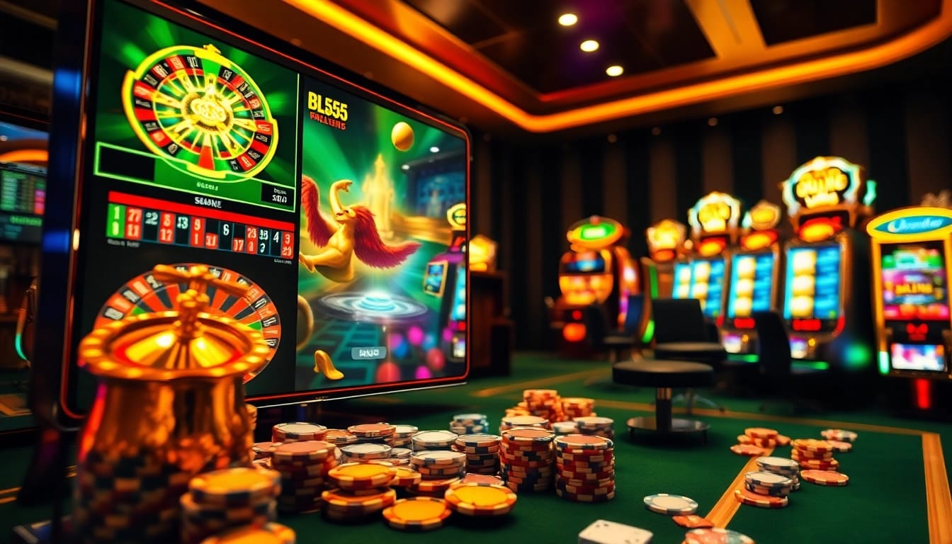 Join the excitement of online gaming with BL555's vibrant casino atmosphere featuring dynamic card games and roulette.