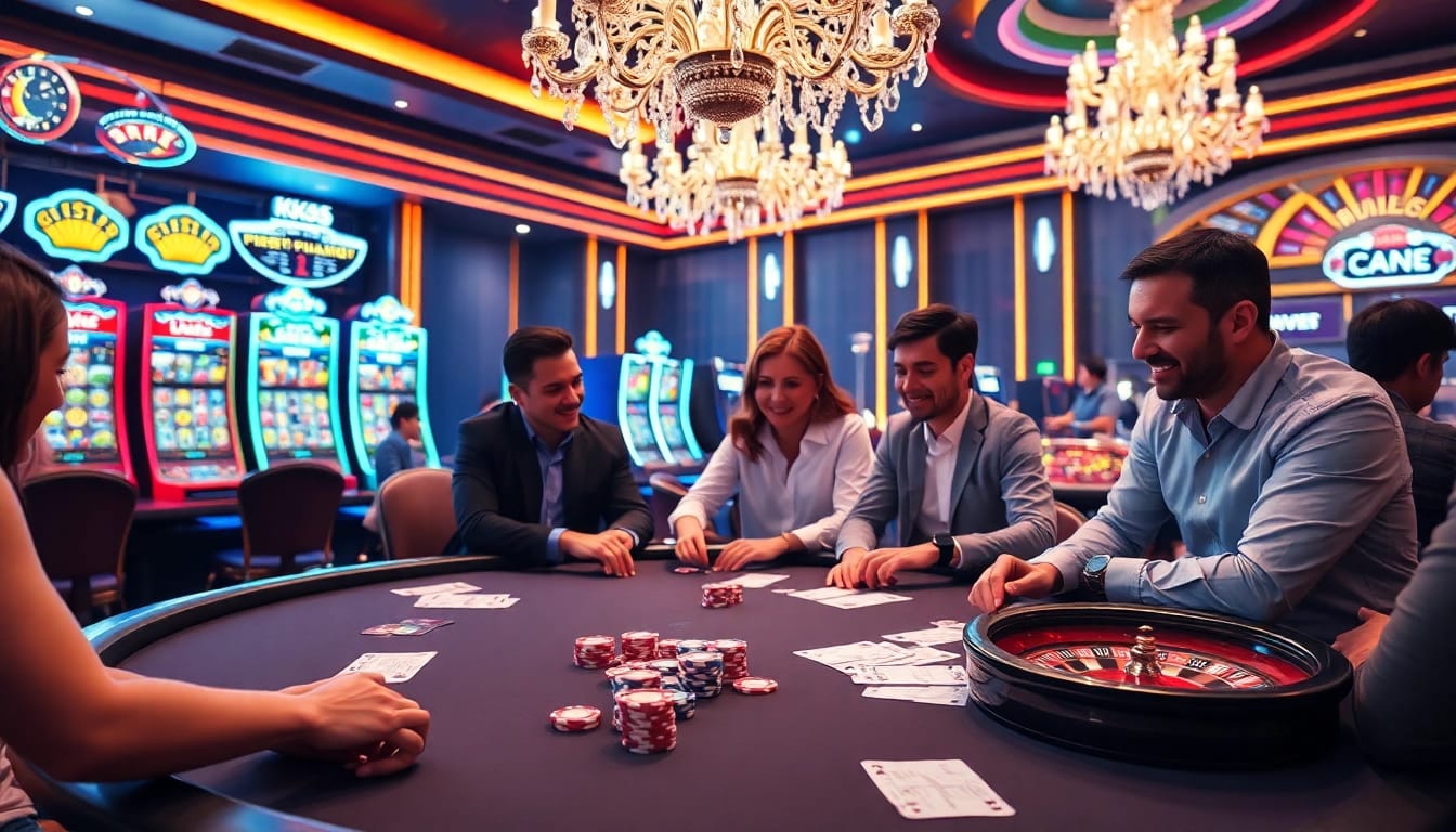 Players experience intense gaming action at KK55's luxury casino tables, surrounded by vibrant slot machines.