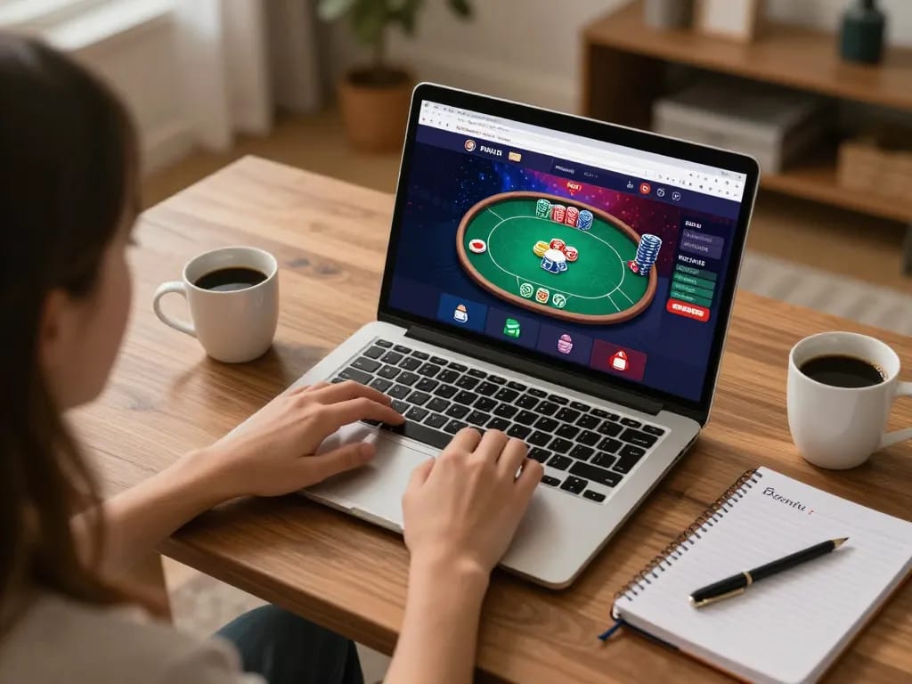 Engaged user enjoying online casino gaming at Nhà cái OPEN88 in a cozy home setting, thoughtfully analyzing strategy notes.