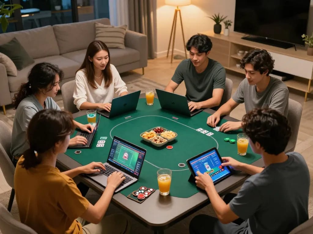 Engaging friends at home playing online poker with laptops inspired by https://da88.navy/ for strategic gameplay
