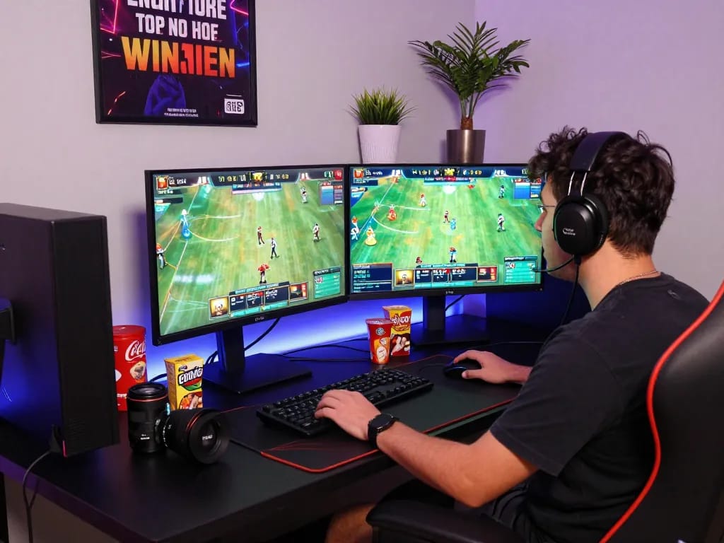 Immersive mm oo gaming setup with dual screens showcasing live events and casino games, enhancing the online betting experience.