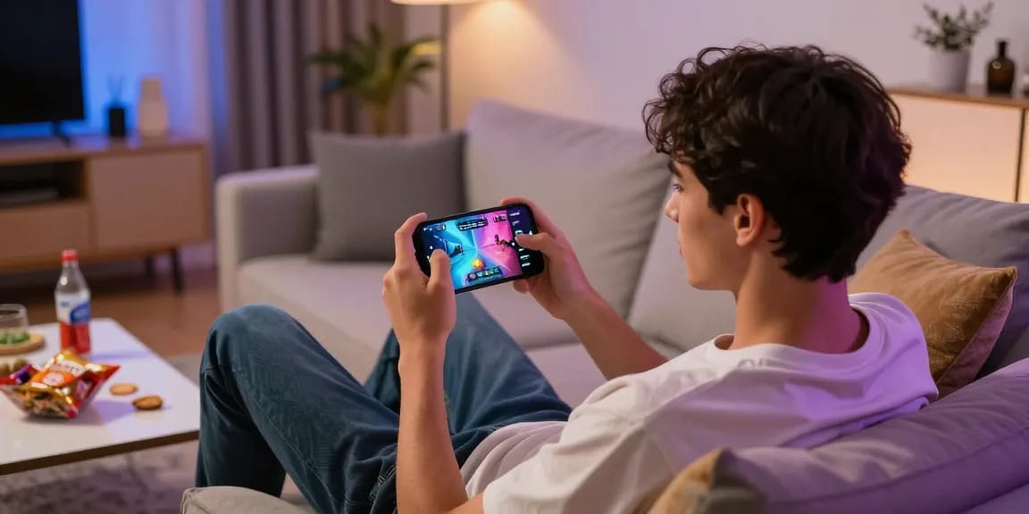 Young man enjoying a mobile hentai game in a cozy living room setting