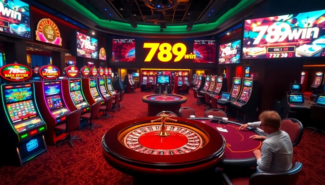 Experience thrilling gaming excitement at 789win's vibrant casino floor with roulette and poker tables.