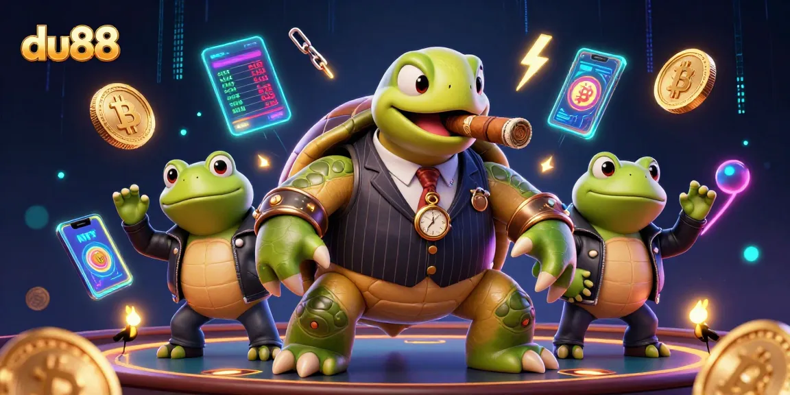 Experience exciting gaming at du88 with a vibrant illustration of a turtle mobster and bullfrog enforcers in a casino setting.